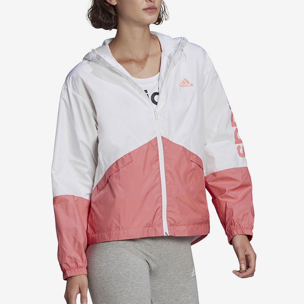 adidas Спортивная тканая куртка с капюшоном с логотипом, женские куртки, белые, розовые, GM5623