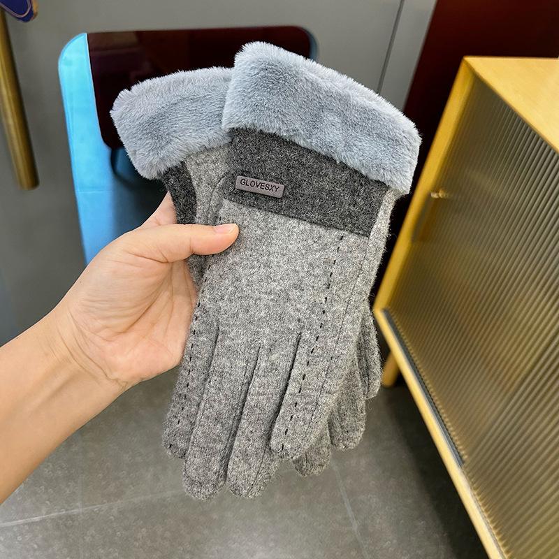 Женские шерстяные теплые перчатки для осени и зимы, модные в корейском стиле, с сенсорным экраном, плюс бархатная утолщенная подкладка, для верховой езды, цветные блоки, от холода, наклейка для волос