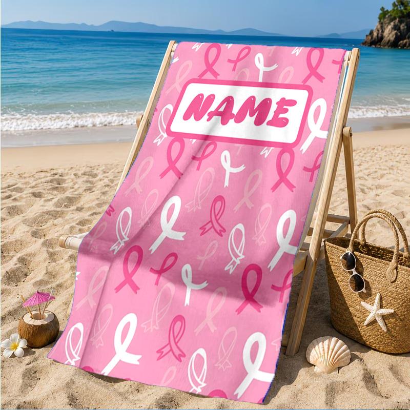 Custom Name Pink Ribbon Awareness Beach Towel Microfiber Beach Towel, Lightweight and Quick-Dry, for Summer Travel, Swimming Pool Gift