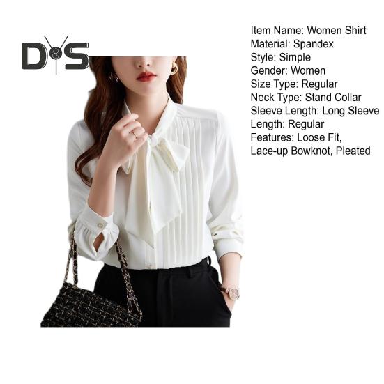 Женская рубашка со стоячим воротником, шнуровкой, бантом, длинным рукавом, плиссированный пуловер, однотонная свободная шифоновая блузка
