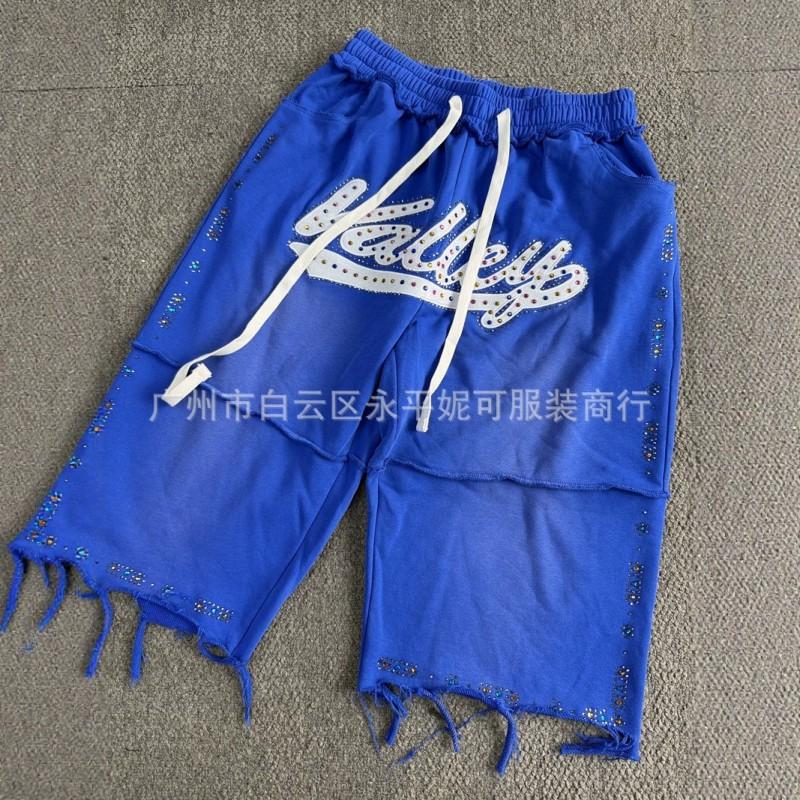 Mens Streetwear Cotton Shorts With Rhinestone Embroidery Loose Fit Casual Seven-Eighths Pants