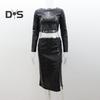 2 Pcs/Set Women Top Skirt Suit Shiny Sequin Long Sleeve O Neck Short Waist Exposed Top High Waist Split Slim Fit Club Party Midi Skirt Set