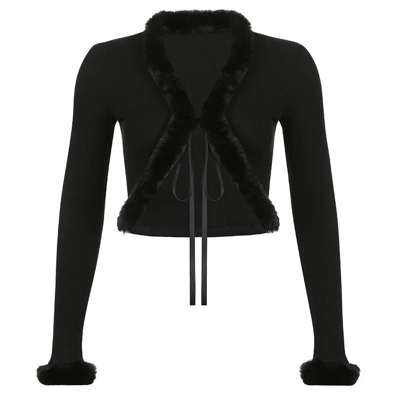 Белая укороченная футболка с длинными рукавами и разрезом в рубчик на шнуровке, осенняя сексуальная повседневная футболка с v-образным вырезом, женская футболка с перьями