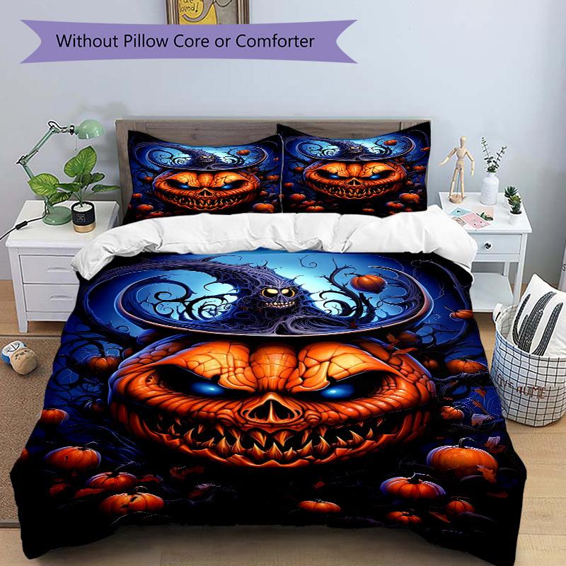 3pcs Pumpkin Head Halloween Bedding Set, Includes Without Pillow Inserts, Soft Comfortable Bedding Set,All-Season Use a0924094