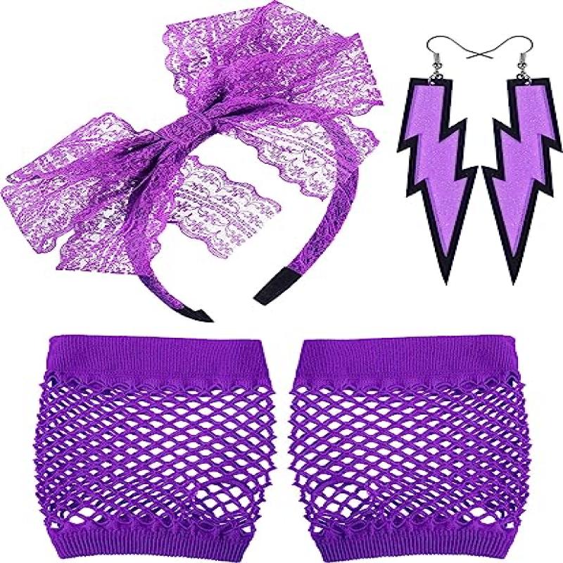 PESENAR 80's Lace Headband Neon Earrings Fingerless Fishnet Gloves for 80's Party