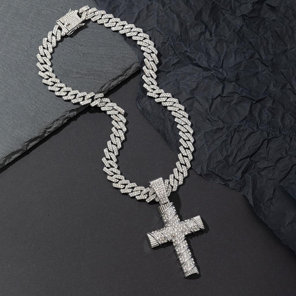 Large Cross Full Zircon Pendant Necklace Men European American Hip Hop Street Trend Personalized Cuban Chain Neck Jewelry Gift