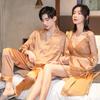Fashion Women Men Satin Nightgown Top and Pants 2pcs Soft Silk Casual Pajama Sets Couple Sleepwear