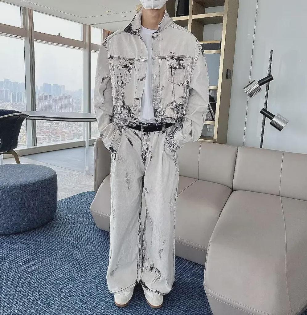 Men's Retro Tie-Dye Casual Suit: Loose Denim Jacket & Wide-Leg Trousers