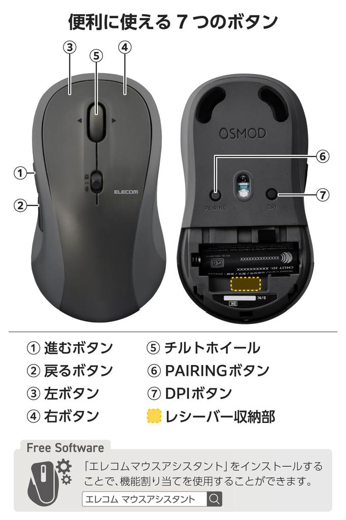 ELECOM OSMOD Seven 7 Wireless to 2 7 Tilt Black Mouse, Quiet, Bluetooth, 2.4GHz, Multi-Pairing (up Devices), Buttons, Wheel, Large, (M-MY40MBSBK-G)