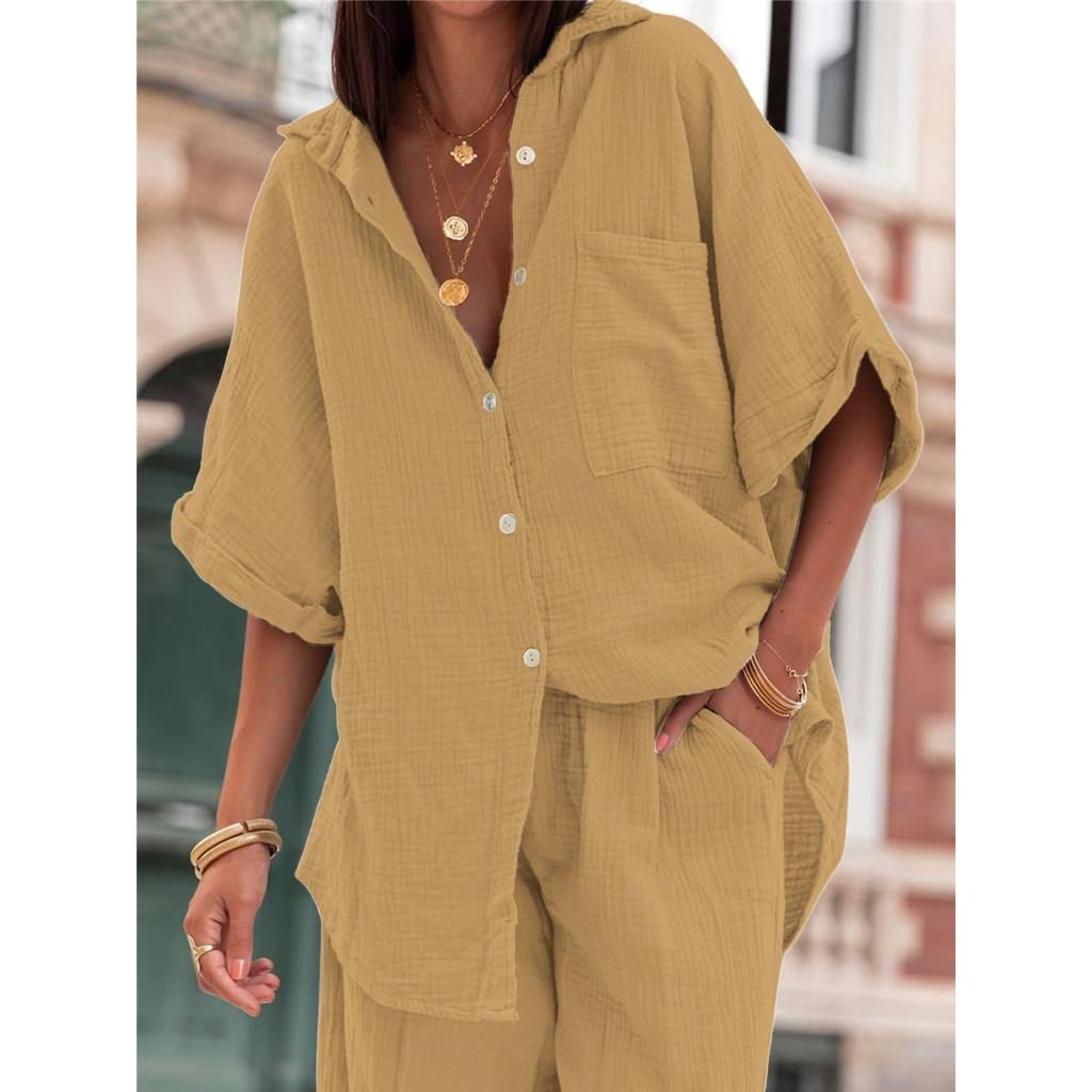 Women's Casual Sets Summer Cotton and Linen Short-sleeved Lapel Shirt Straight Trousers Two-piece Set