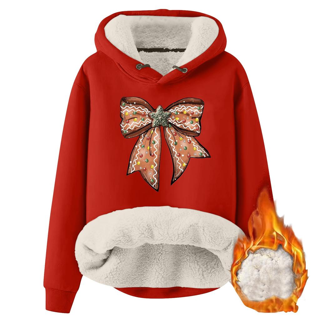Women's Fashion Hooded Christmas Bowknot Printed Plush Warm Loose Pullover Sweatshirt
