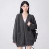 Grey Autumn Winter Knitted Cardigan Women's Loose-fit Soft Supple Idle Style Sweater Jacket Top V-neck Coat