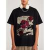 Black T Shirt Men Vintage Newspaper Rose Print Casual Streetwear Fashion Top for Daily Wear and Outings