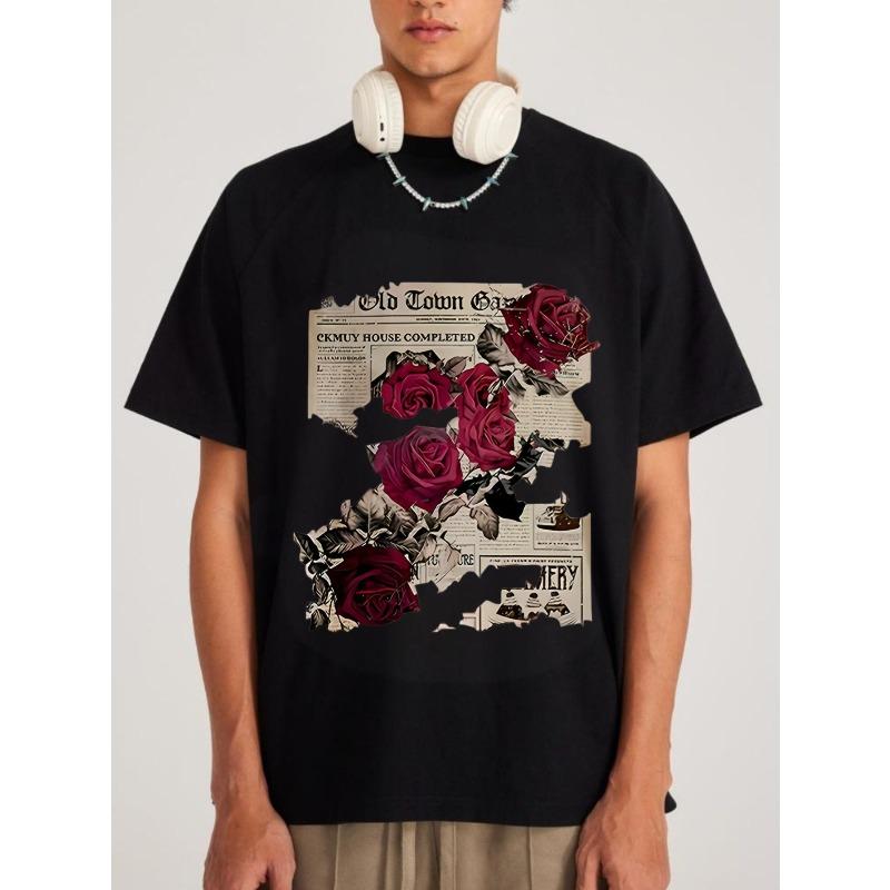 Черная футболка мужская винтажная с принтом газеты и розы, повседневный уличный стиль, модный топ для ежедневной носки и прогулок