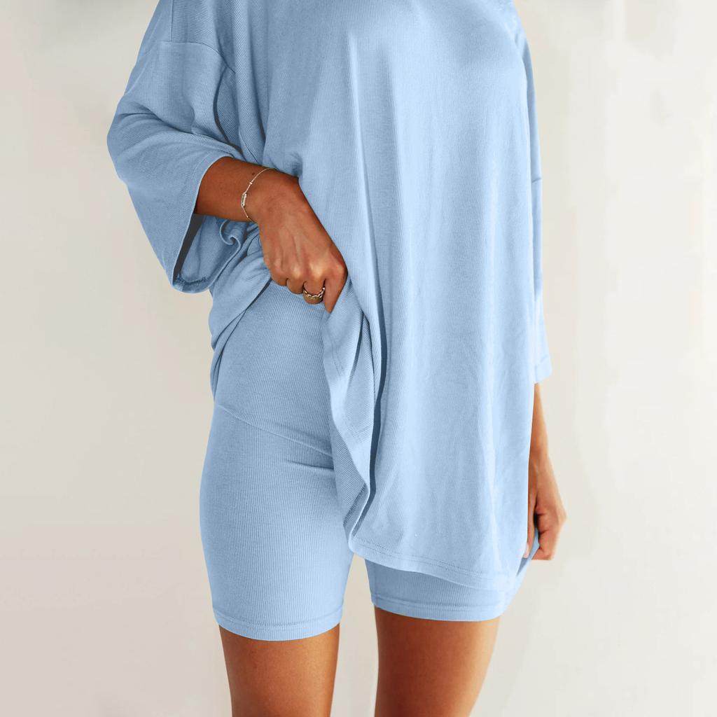 Женский летний комплект из 2 предметов с круглым вырезом и короткими рукавами, с заниженными плечами, топ для больших детей и узкие байкерские шорты для йоги, комплект