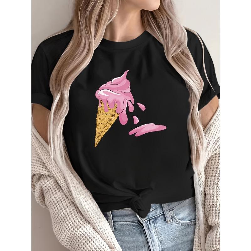 [Casual T-Shirt] Women's Casual 100% Polyester Ice Cream Print Short Sleeve Crew Neck T-Shirt, Regular Length Knit Fabric Top for All Seasons