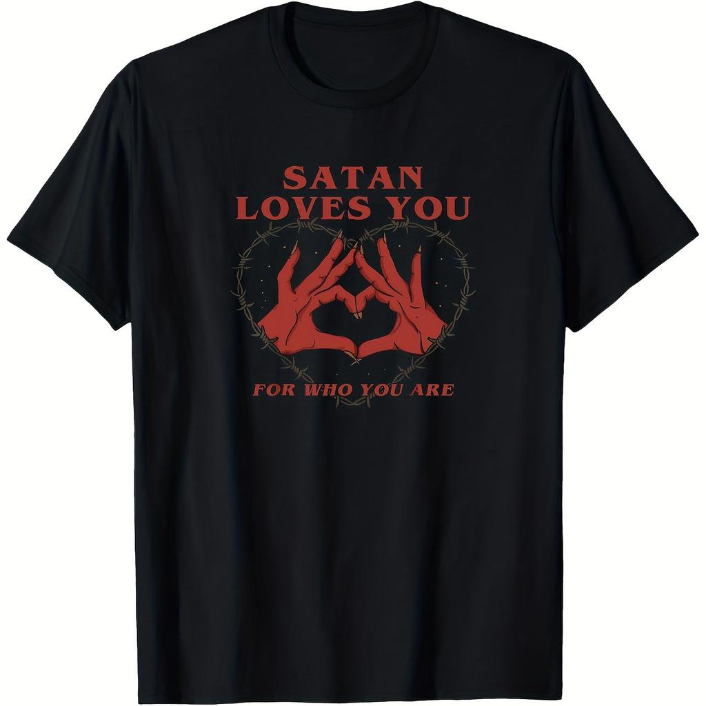 Mens Satan Loves You for Who You Are Graphic TShirt Cotton Casual Comfortable Black with Red Heart Design Christmas