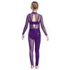 Girls Dance Performance Jumpsuit Full Body Leotard Long Sleeve Mock Neck Mesh Patchwork Keyhole Back Bodysuit