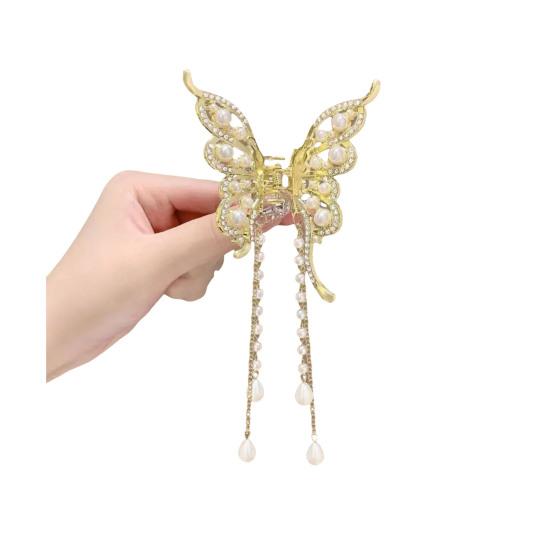 Hair Claw Long Fringe Faux Pearls Butterflies Decor Hair Clips Women Girls Hairstyles Home Outdoor Playing Hair Decoration