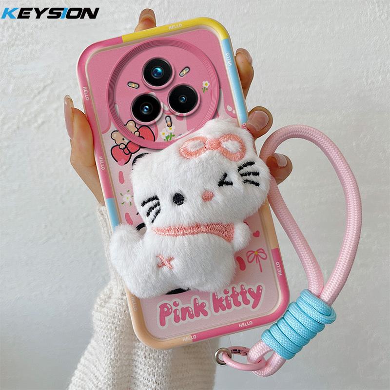 KEYSION Милый 3D мультяшный плюшевый чехол для Realme 14 Pro 5G с ремешком, силиконовый противоударный чехол для телефона OPPO Realme 14 Pro+ 5G