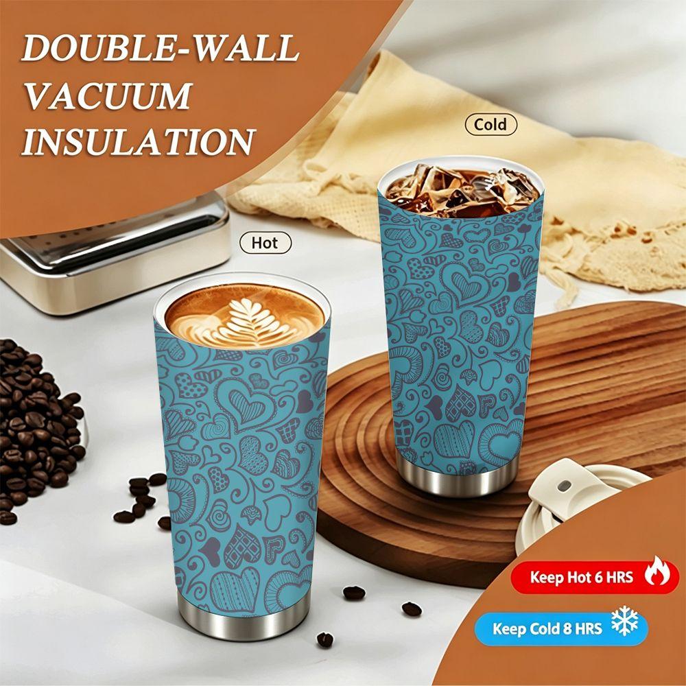 Blue Romantic Heart Pattern Design Stainless Steel Insulated Coffee Tumbler Reusable Vacuum Thermal Cup for Travel Office School Daily Use