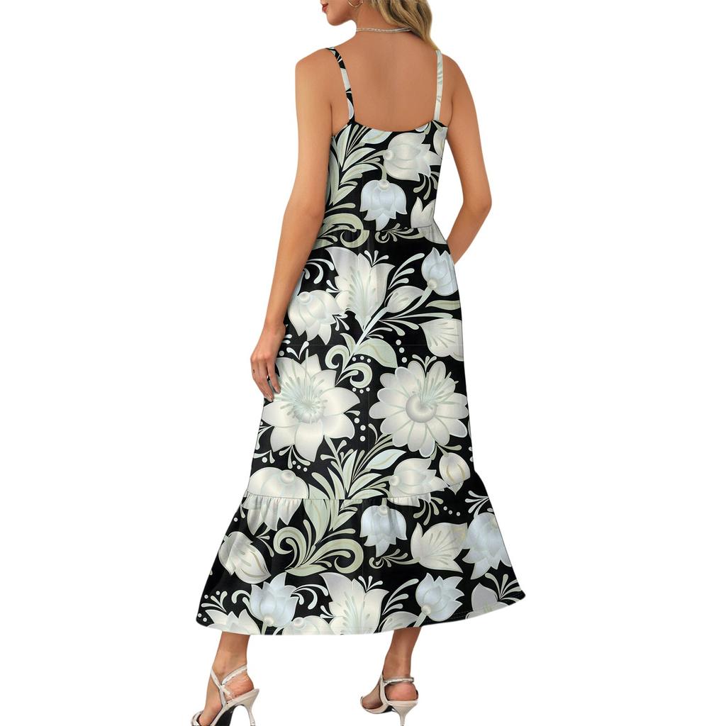 Women's Long Beach Casual Elegant Spaghetti Strap Maxi Dress Stitching Low-key Flowing Bohemian Dress