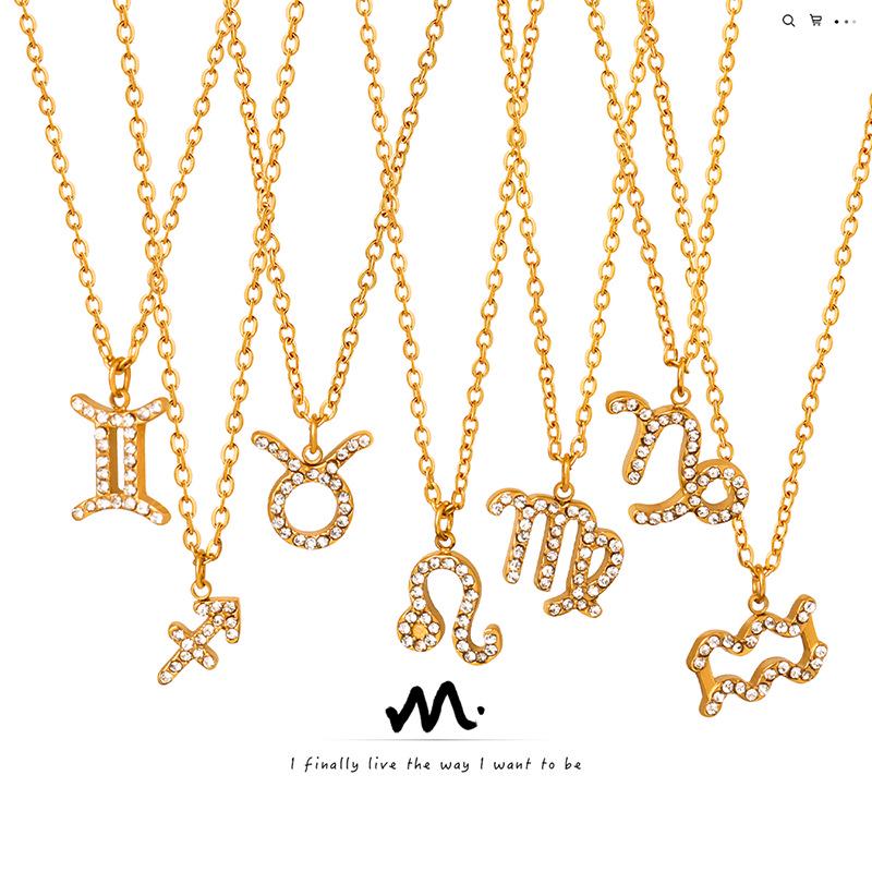 Custom Fashion Gold Titanium Steel Necklace with Zodiac Pendant and Rhinestones