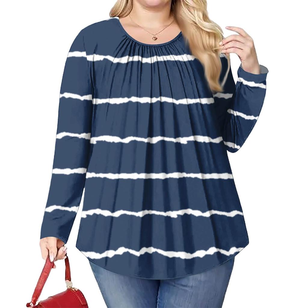 Женский модный топ большого размера с принтом, повседневный плиссированный, с круглым вырезом и длинными рукавами