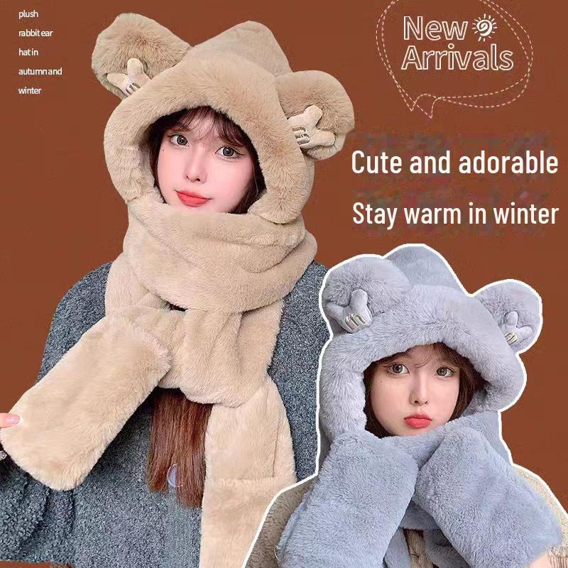 "Women's Winter Little Bear Hat, Scarf, and Gloves Set - Stylish and Warm"