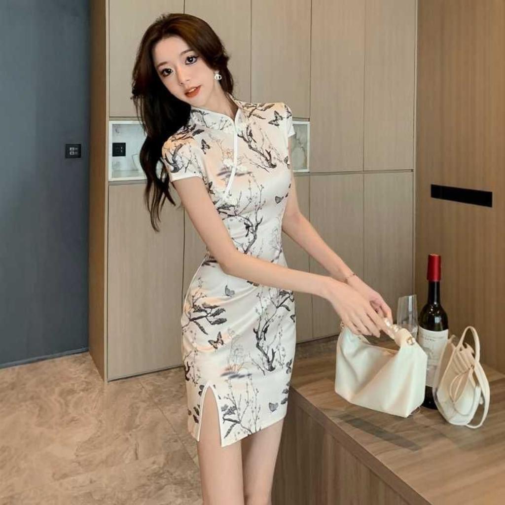 Summer Dress For Women With Waist And Slit Hip Skirt, Improved Cheongsam Short Skirt