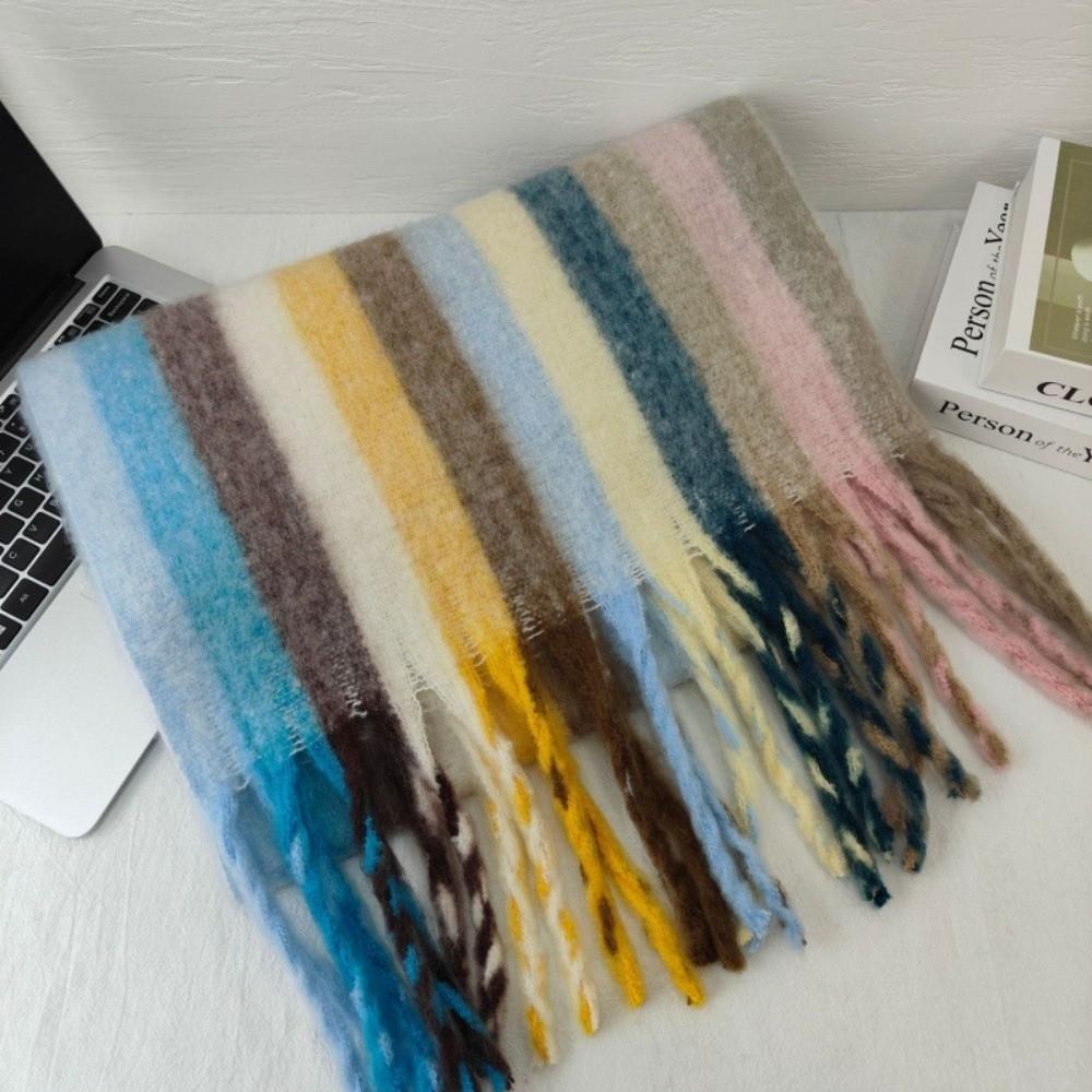 Rainbow Tassel Grid Scarf Thickening Winter Cashmere Scarf Warm Shawl  for Autumn Winter