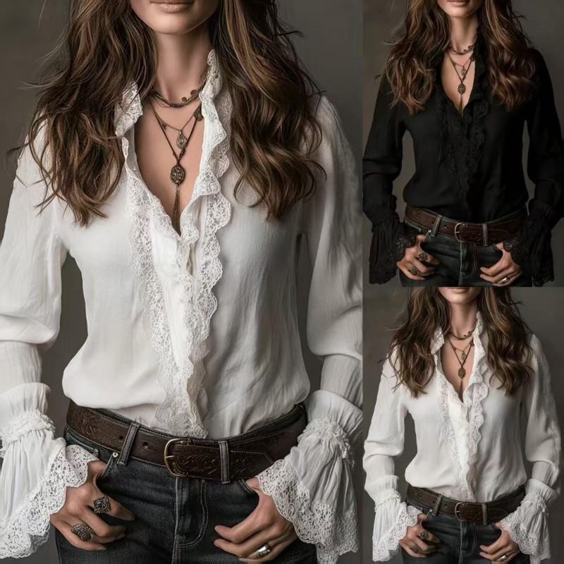 Womens French Style Lace Patchwork Shirt Long Sleeve Loose Fit Elegant Top