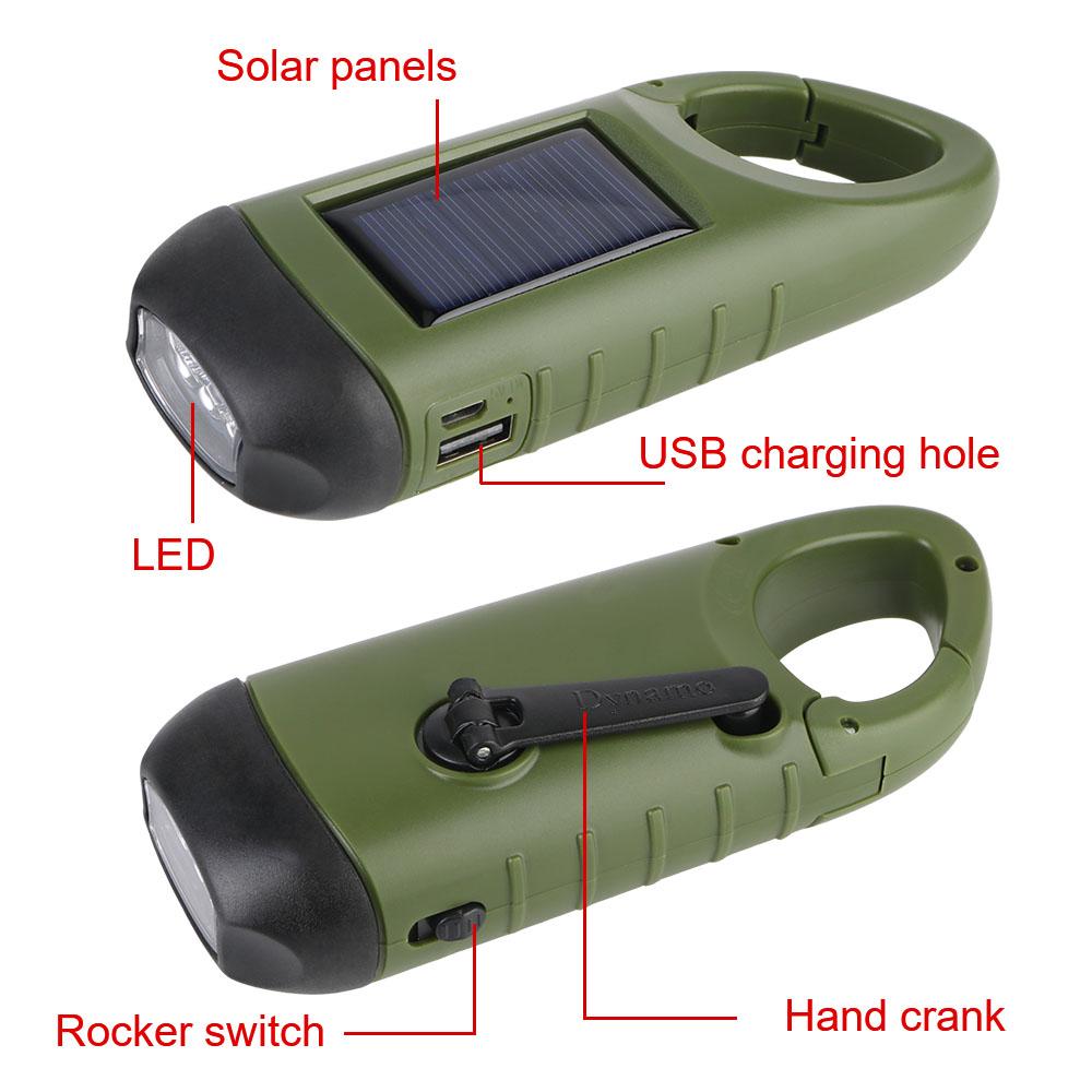 For Outdoor Camping Hiking Hand Crank Dynamo Flashlight Portable USB Charging Emergency Torch Survival Gear Solar Powered LED Flashlight