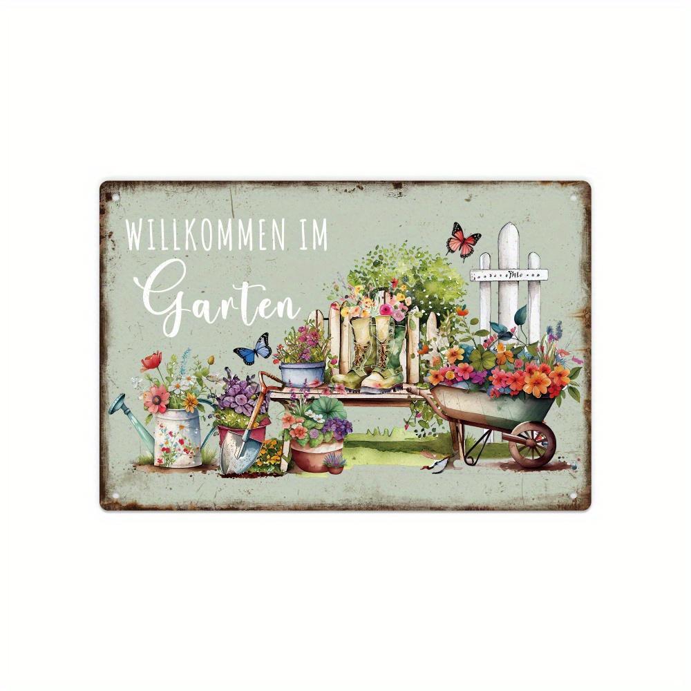 Vintage Willkommen im Garten Metal Tin Sign Rustic Garden Wall Art with Colorful Flowers Butterflies Rustic Decorations