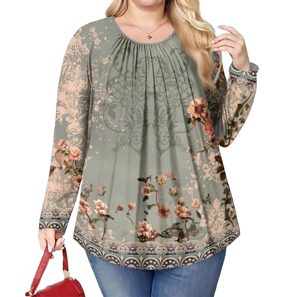 Женский модный топ большого размера с принтом, повседневный плиссированный, с круглым вырезом и длинными рукавами