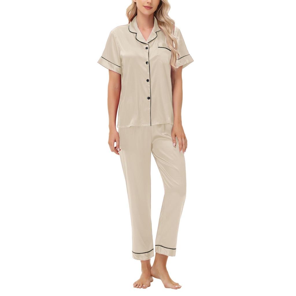 Ice Silk Satin Suit Short Sleeves And Long Pants Plus Size Ladies Home Clothes