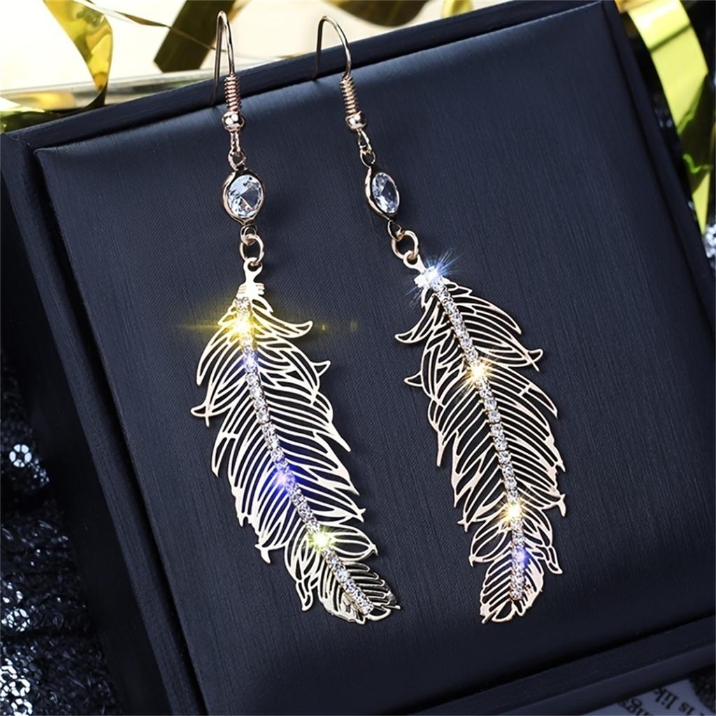 Elegant Long Feather Earrings Crystal Dangle Earrings Wedding Engagement Ear Jewelry Gift