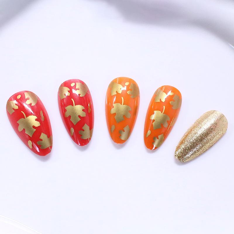 Hot-selling nail art autumn simple small fresh and elegant maple leaf gold glitter long almond wear armor