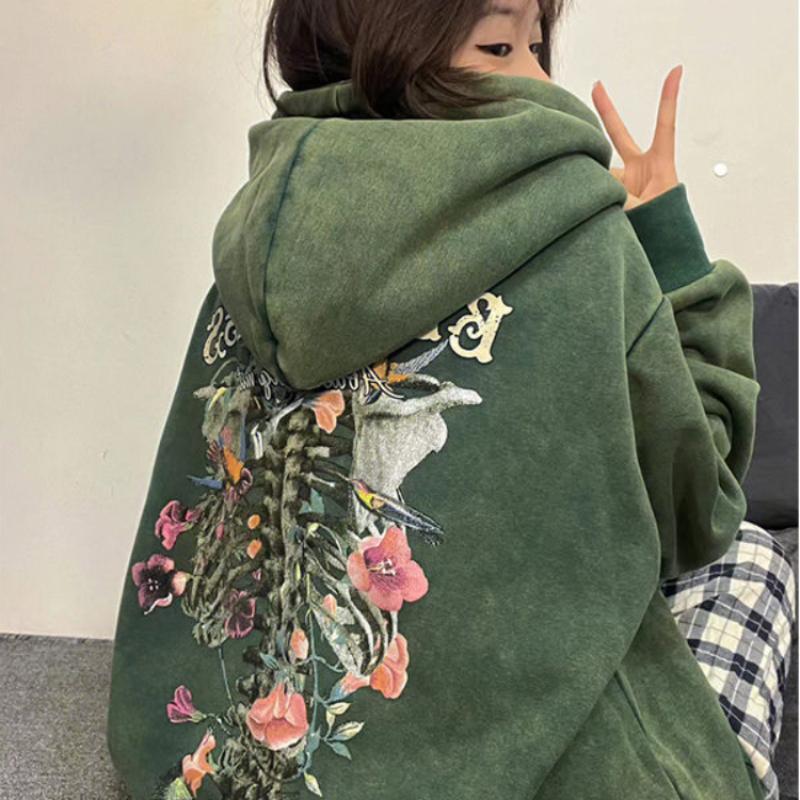 Толстовки в стиле Харадзюку в стиле готический гранж с черепом и цветочной вышивкой, винтажный флисовый свитшот, уличная одежда большого размера с буквенным принтом