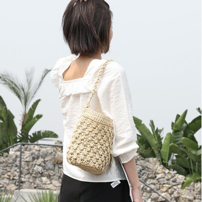 Yogodlns Summer Straw Shoulder Bag Women Large Capacity Rattan Bucket Bag Handmade Woven Beach Bag