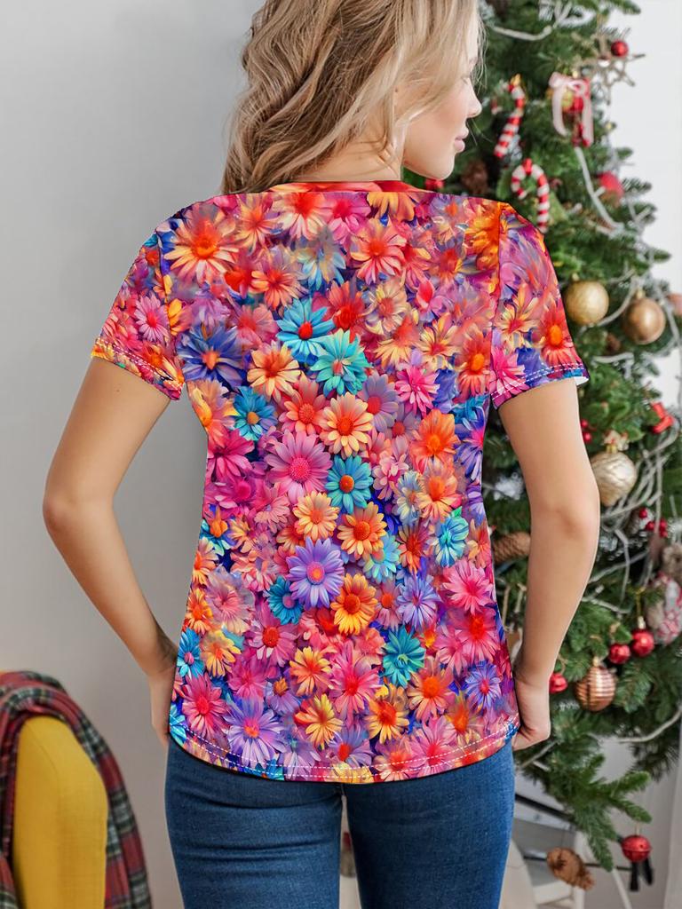 Floral  Print Crew Neck T-Shirt, Casual Short Sleeve Top For Spring & Summer, Women's Clothing