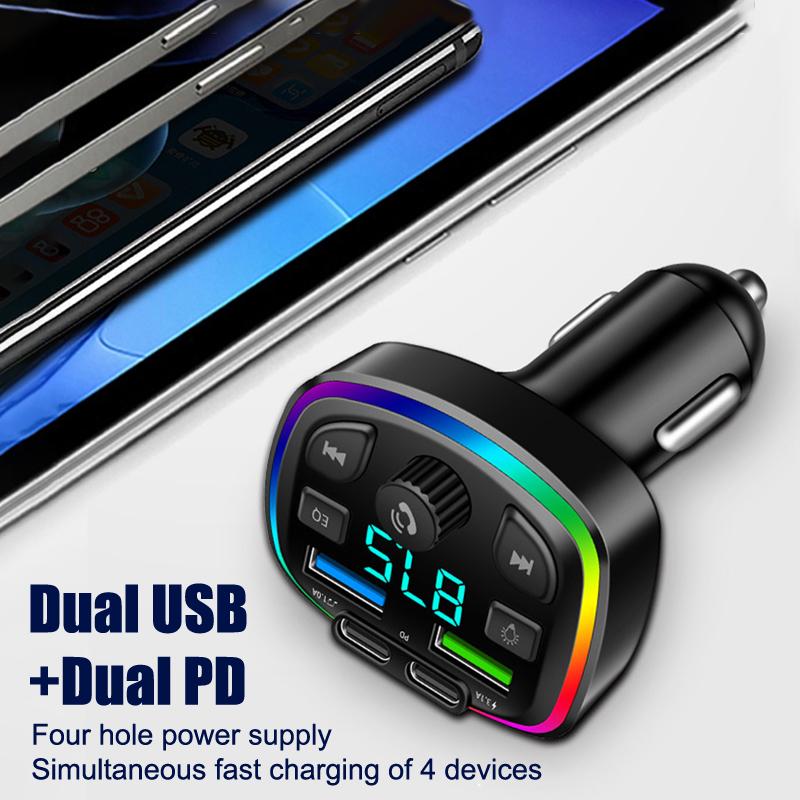 Двойное автомобильное зарядное устройство USB Type-C FM-передатчик Беспроводной MP3-плеер Музыка Карта TF USB-накопитель Aux-плеер USB-C PD Быстрая зарядка Громкая связь