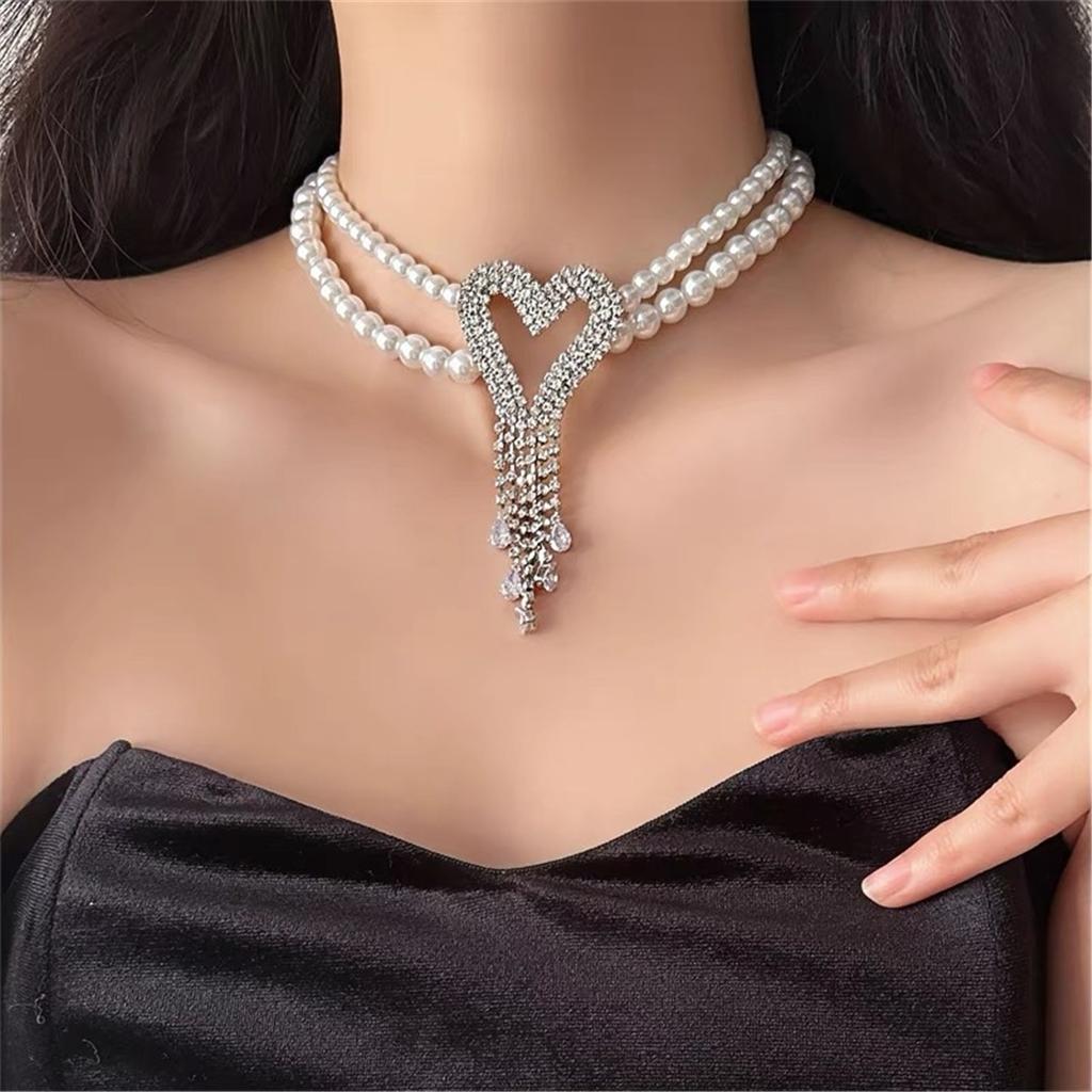 Мода Легкая Роскошь Высокий Туксика Чувство Двойной Жемчуг Вспышка Бриллиант Любовь Кисточка Ожерелье Ожерелье Цепочка на Шею Цепочка на Ключицу