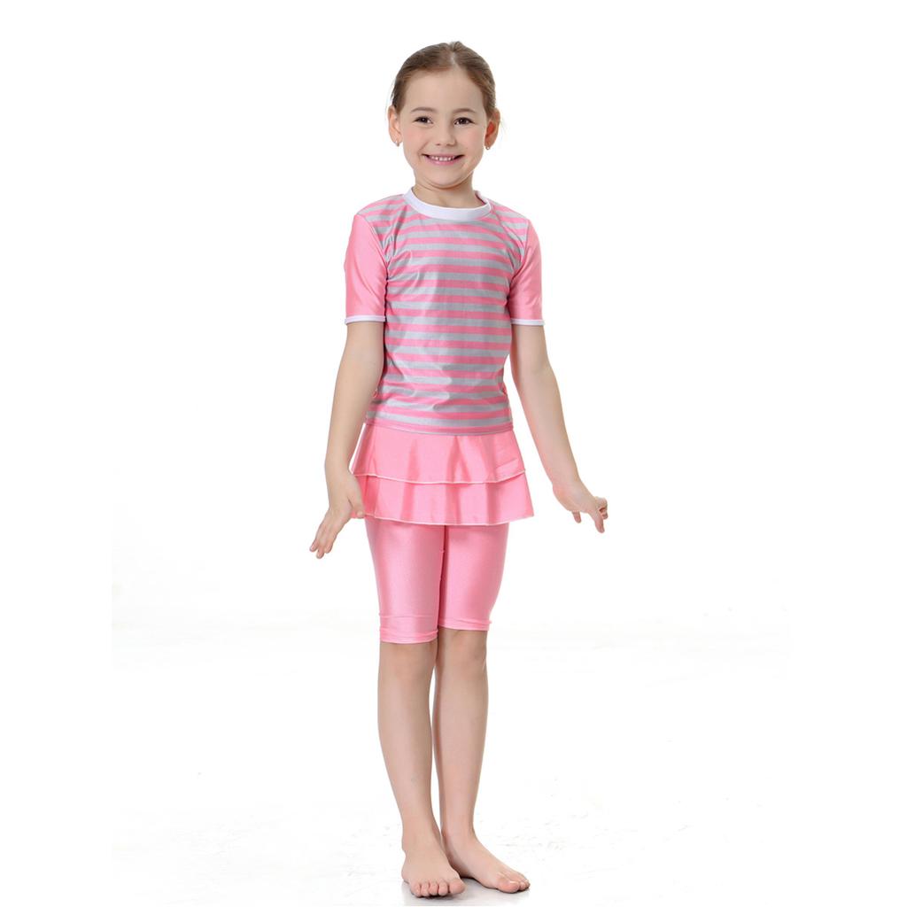 Girls Muslim Swimwears Split Two-piece Swimming Suit Short Sleeve Striped Kids Swimsuit