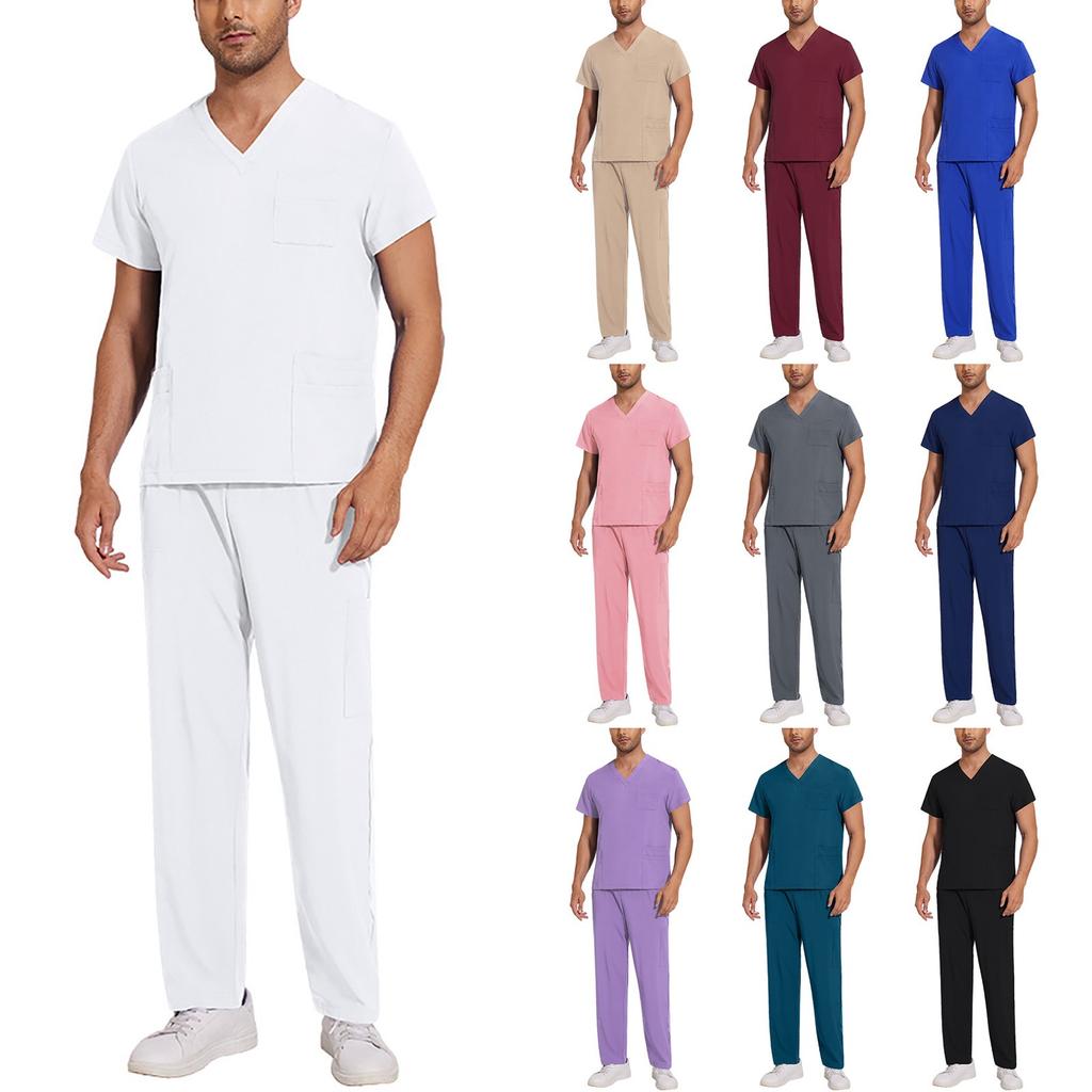 Soild Scrub Working Uniform Suit For Men's Cross V-Neck Short Sleeve Fun T-Shirts Workwear Tee With Pockets