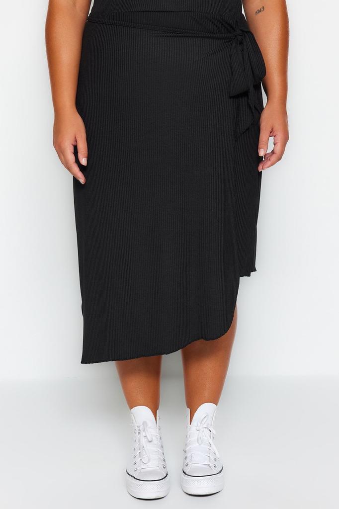 Women's Style Plus Size Black Wrap Side Tie Knitted Skirt
