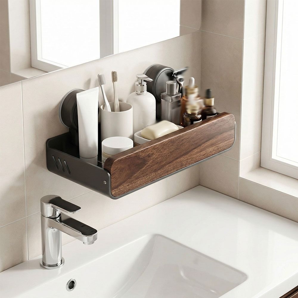 Walnut Finish Bathroom Shelf Strong Grip Bathroom Storage Rack Wall Mounted Organizer Vanity