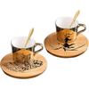 Набор чашек и блюдец "Зеркало", Набор чашек для капучино из 2 шт., Керамические, Золотой, Животные, Чашки для эспрессо с блюдцами и ложками, Чашка для чая/кофе 8 унций с деревянным блюдцем,