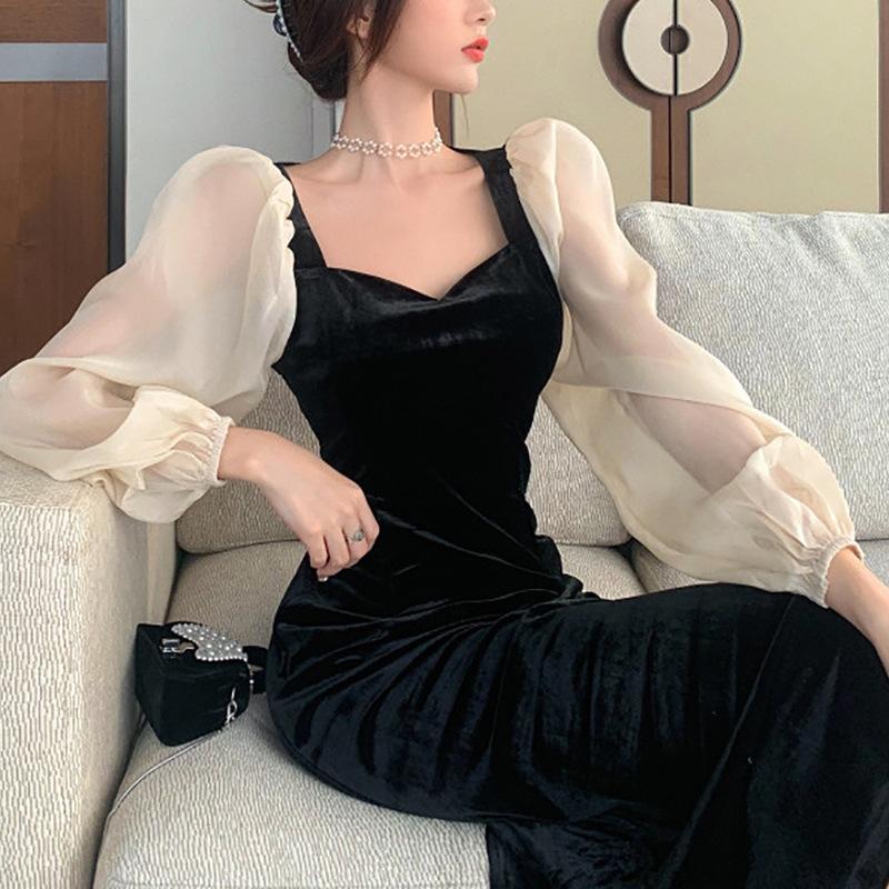 Маленькая черная юбка для женщин на осень и зиму, новое французское ретро-платье с рукавами-фонариками, средней длины, высокой талией, V-образным вырезом, бархатное платье