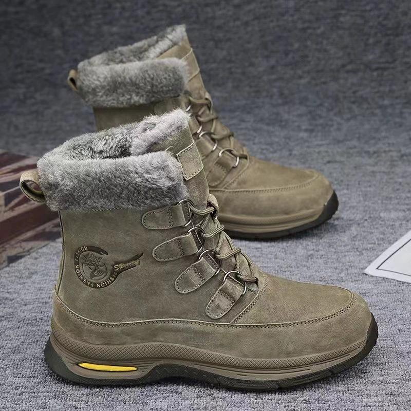 Real Leather Men's Snow Boots with Fleece for Winter Insulation and Warmth, Thick Soled Outdoor Men's Shoes, High Top Boots, Cotton Shoes